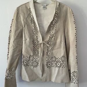 Tan, real suede leather jacket, with laser cut details.